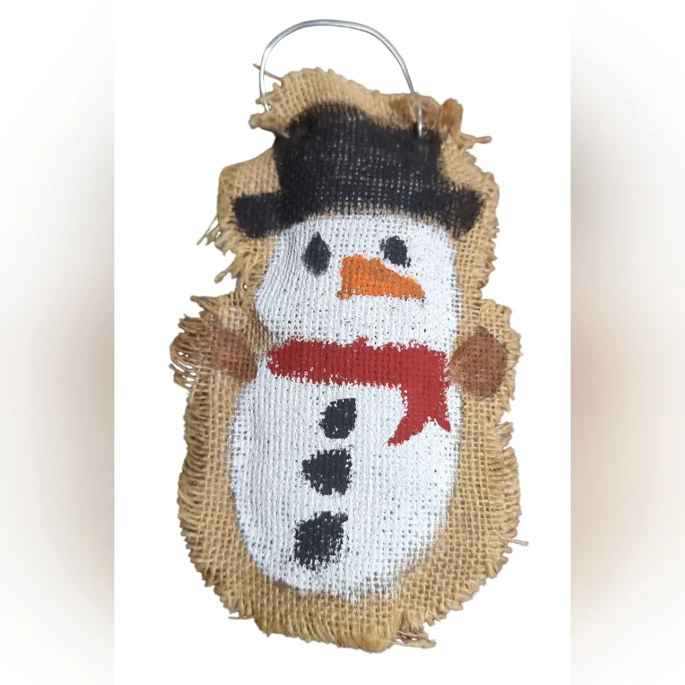 Handmade Festive Burlap Snowman Ornament.